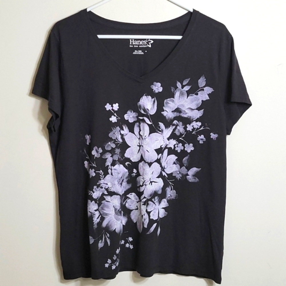Hanes Black Short Sleeve V-Neck Tee with Lavender Floral Print